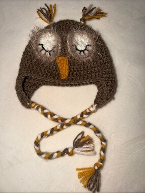 Cracker Barrel Brown Owl Knit Earflap Hat with Gold and White Accents